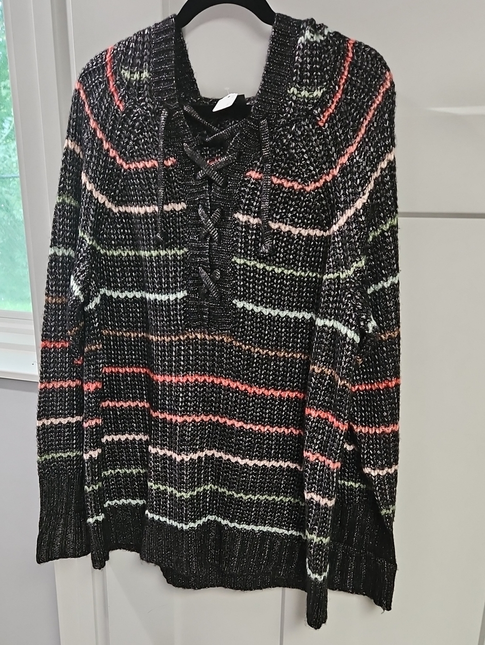 torrid Black Striped Lace-Up V-Neck Sweater with Multicolor Accents